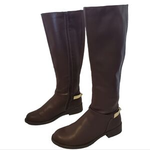 Sears Connor Vegan leather Brown Riding Boots with Zipper and Gold Buckle
